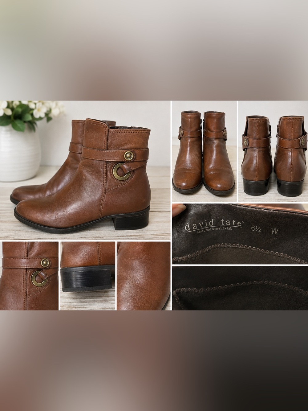 David Tate Brown Leather Ankle Boots Booties Size 6.5 W